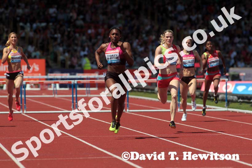 Perri Shakes-Drayton on her way to victory in the 400 metres hurdles in the IAAF Diamond League, Birmingham.